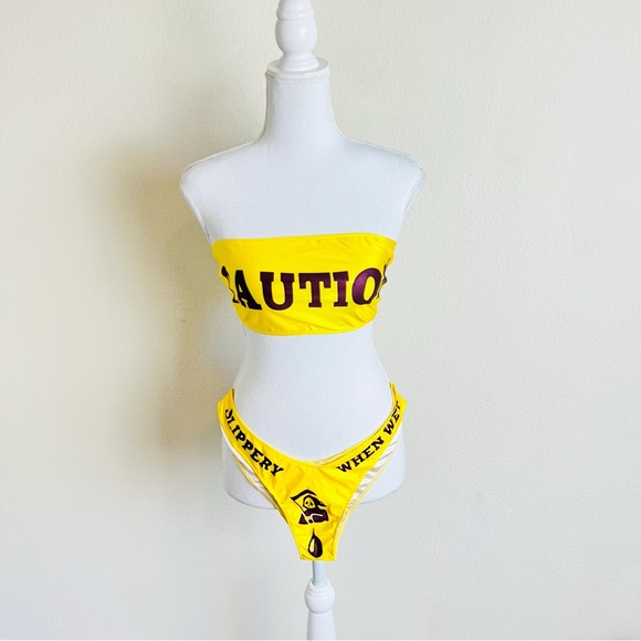 Dolls Kill Yellow Caution Slippery When Wet Bandeau High Leg Bikini Set - Picture 2 of 9